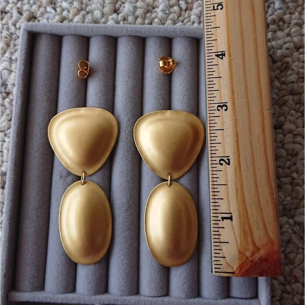 Big Chunky earrings Matte Gold Tone pierced Runway Couture long dangle